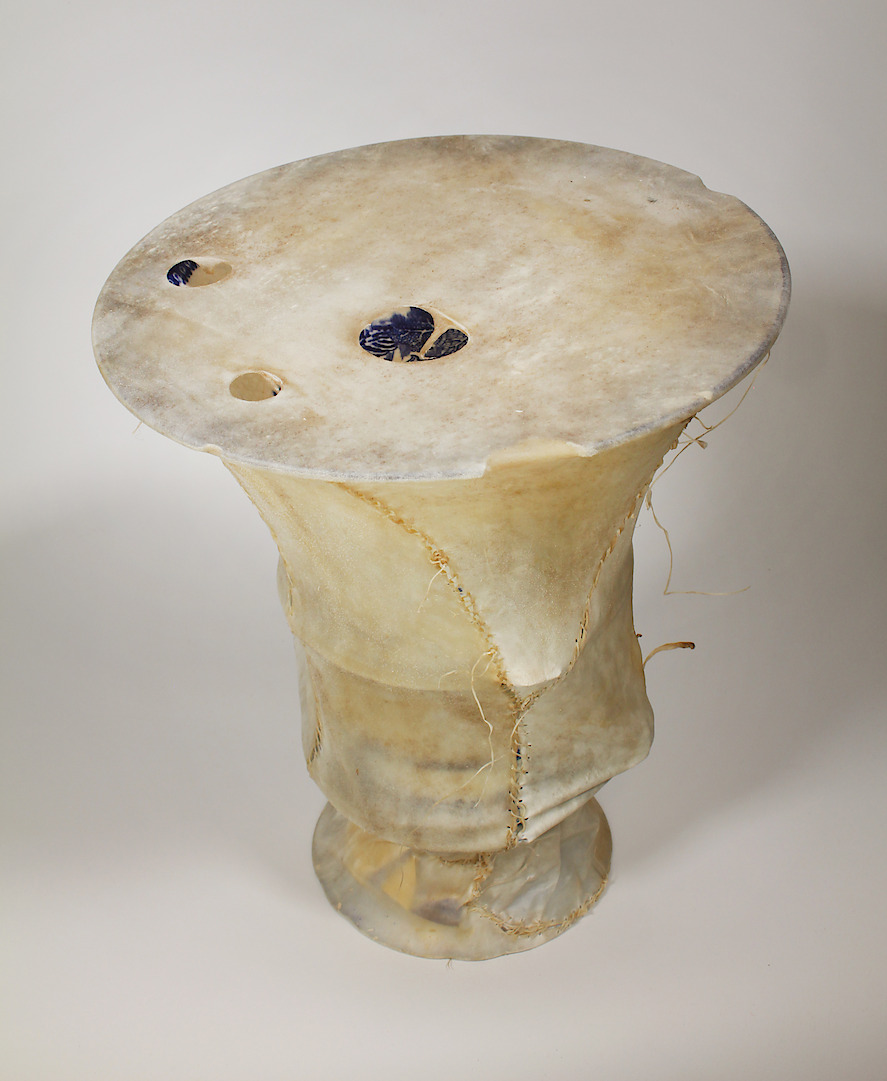 Stack Collapse, 2017, ceramic, rawhide, 9.5 x 9.5 x 13.75 in